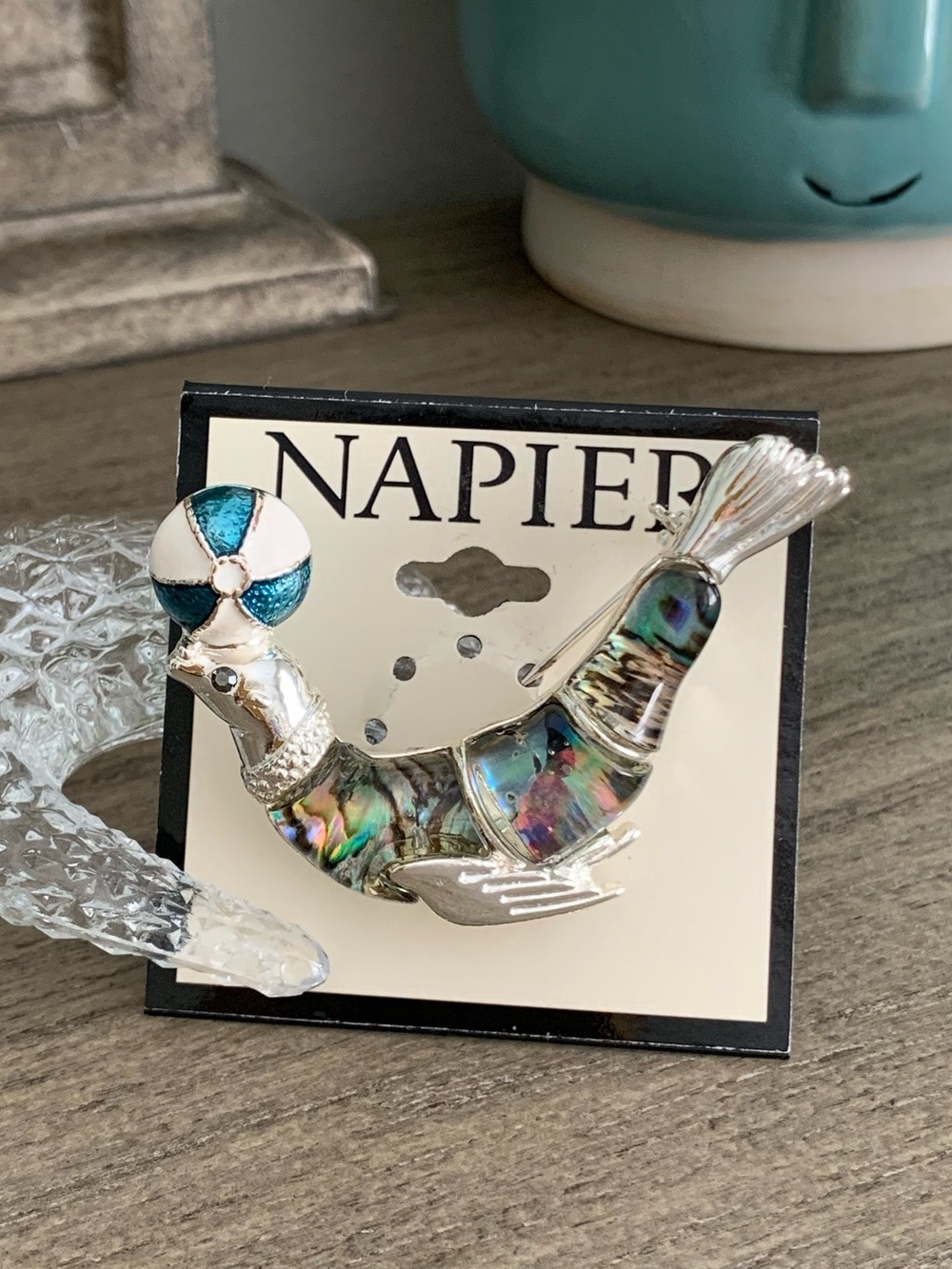 #67 Napier Simulated Abalone Seal Beach Ball Figural Silver Tone Brooch Pin New